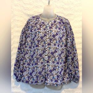 Women's Purple & White Flower sheer BLOUSE Sz S Flowy Top